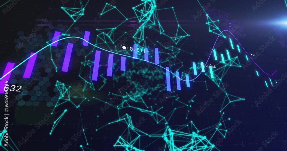 Poster displaying network graph animating in 3d dashboard with teal nodes, purple bars and numeric labels