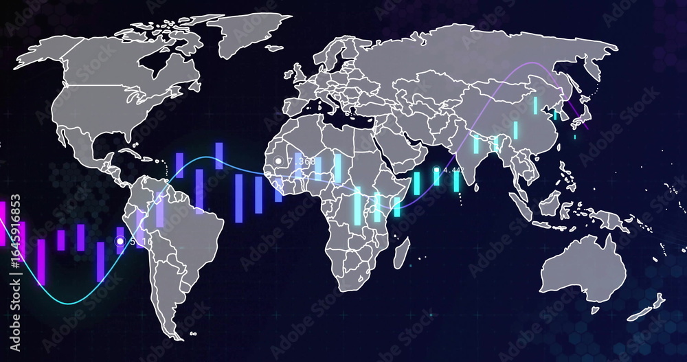 Poster displaying world map on dashboard, with colorful candlestick bars, neon line, numeric data markers