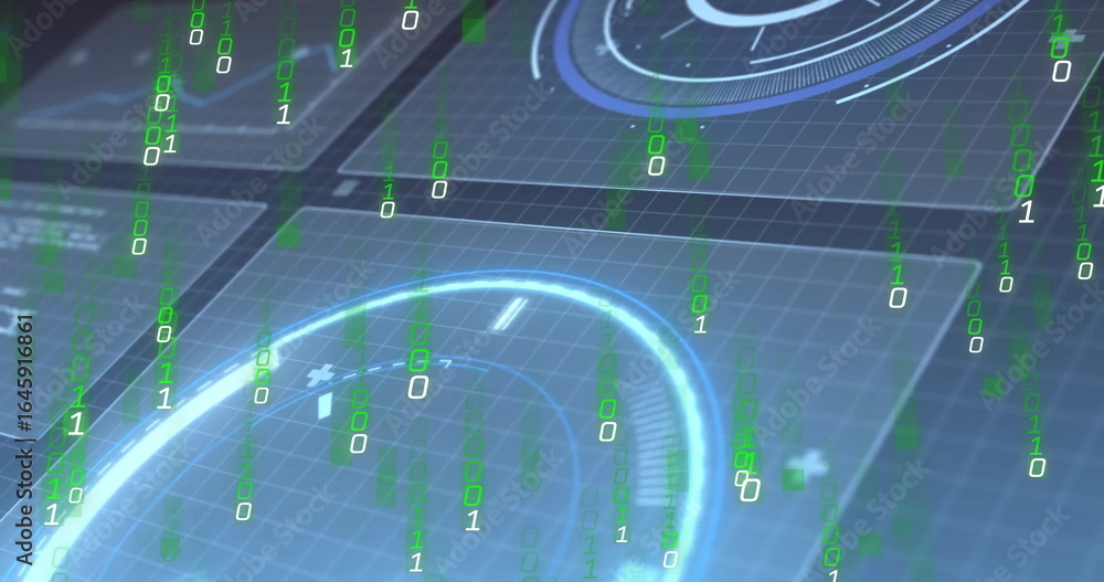 Poster displaying holographic interface streaming binary code on dark grid, with circular panels