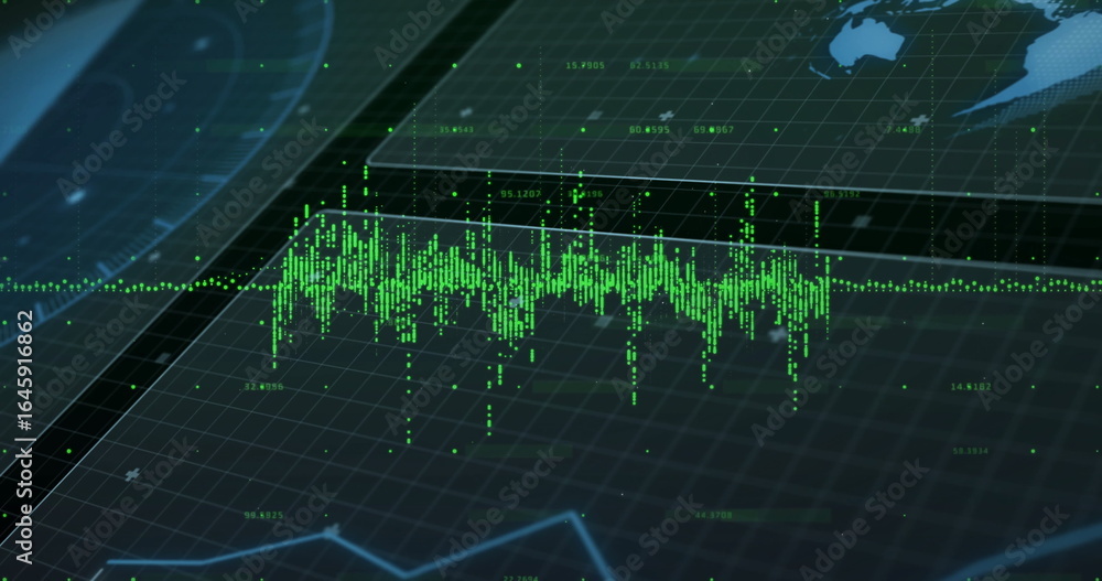 Poster displaying green waveform pulsing on display, with gridlines, labels, trend line and world map hud