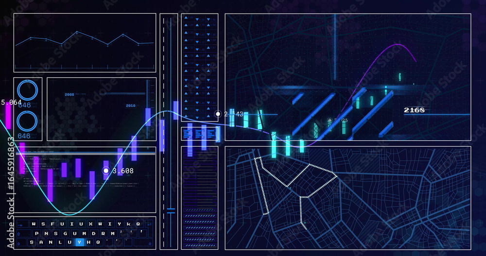 Poster showing neon-blue data dashboard running on computer display, with circular gauges and line charts