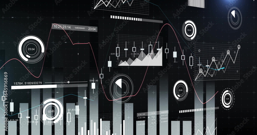Poster displaying financial data on dark grid ui, showing bar charts, candlesticks, line graphs and gauges