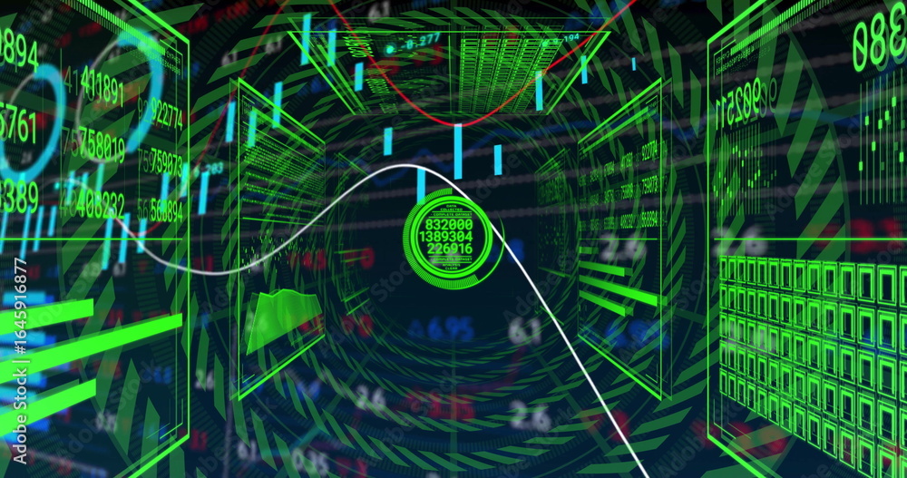 Poster displaying glowing circular interface flowing data in wireframe tunnel, with line graphs bar charts