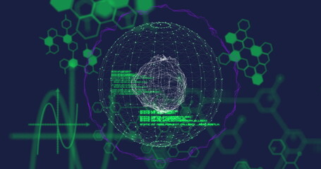Wireframe globe rotating in data display, with green code panels, hexagon motifs, waveform graph