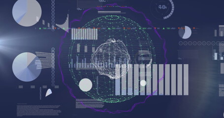 Displaying wireframe spherical network floating in analytics dashboard, with bar and pie charts