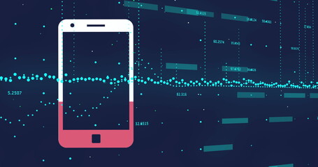 Floating phone silhouette showing cyan dots teal bars numeric labels, in data dashboard, copy space