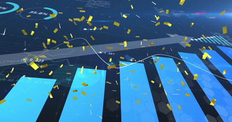 Displaying glowing blue 3D bars rising in dashboard, with glowing line graph and gold confetti
