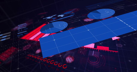 Displaying data view on digital panel, featuring bar chart, world map and virus icons