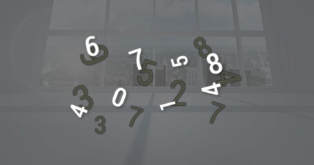 Floating numeral characters covering gray room floor, with grid window panes and city skyline