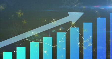 Presenting vertical bar chart illustrating rising data on digital dashboard, with molecular motifs