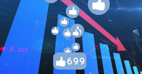 Floating thumbs-up icons displaying 699 label on screen with blue bar chart and red downtrend arrow