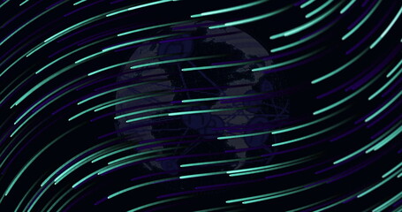 Displaying stylized Earth globe glowing in digital network, with luminescent streaks and node lines