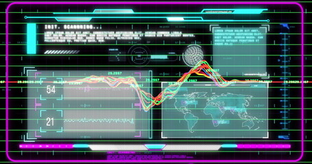 Displaying neon holographic HUD projecting world map, line graph and scanning reticle on screen