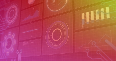 Showing UI panels over red-to-orange grid, featuring gauge, bar or line charts, waveform circuit lin