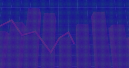 Displaying digital semi-transparent 3D bars rising on dark blue grid, with red line graph overlay
