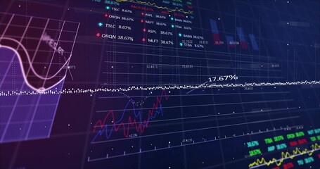White dotted trend line rising in trading dashboard on screen, with colored charts, ticker symbols