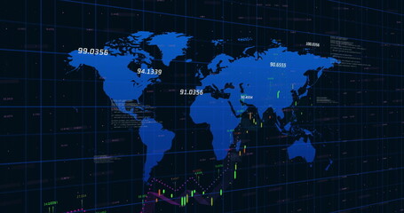 Displaying blue world map showing candlesticks and line graphs on dark data screen, numeric values