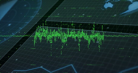 Displaying green waveform pulsing on display, with gridlines, labels, trend line and world map HUD