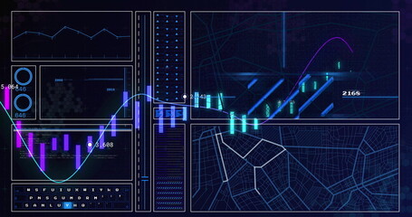 Showing neon-blue data dashboard running on computer display, with circular gauges and line charts