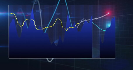 Displaying data chart on monitor, with blue peaks, yellow line, cyan curve, white arrow glowing red