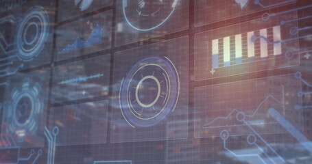 Showing holographic data interface in tech lab, with concentric gauges, bar chart and line plot