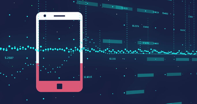 Floating phone silhouette showing cyan dots teal bars numeric labels, in data dashboard, copy space