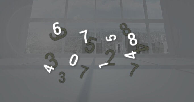 Floating numeral characters covering gray room floor, with grid window panes and city skyline