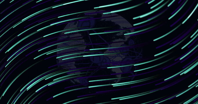 Naklejki Displaying stylized Earth globe glowing in digital network, with luminescent streaks and node lines