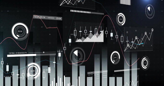 Displaying financial data on dark grid UI, showing bar charts, candlesticks, line graphs and gauges