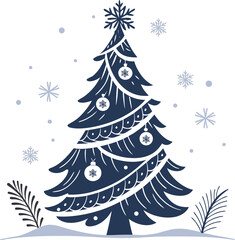 Elegant Christmas  with Navy Blue Tree and Snowflakes - Modern Holiday Party Invite Design Vector Illustration