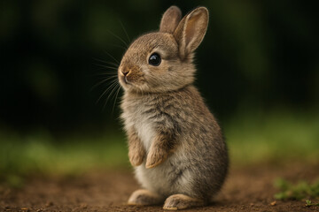 Fototapeta premium Adorable baby rabbit stands alert in a forest setting