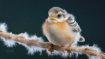 Fototapeta premium Small fluffy bird perched on a branch with soft white fluff