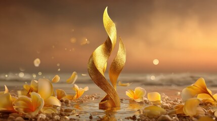 Elegant golden sculpture surrounded by flowers on a serene beach