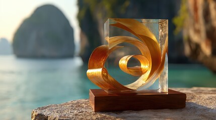 Elegant golden sculpture on wooden base near tranquil waterscape