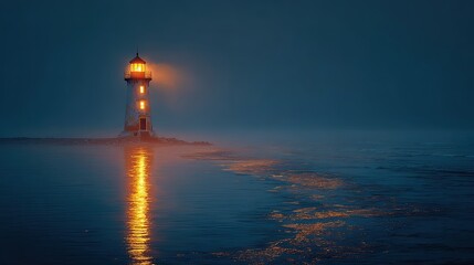 Luminous lighthouse at dusk on a misty sea