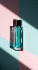 Elegant glass perfume bottle with teal liquid and dark cap casting dramatic shadows isolated on transparent background
