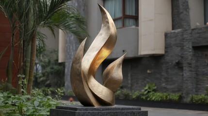 Elegant Golden Sculpture with Curved Flames in Urban Garden Setting