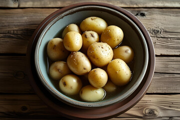 Rustic Bowl of Boiled Baby Potatoes on a Wooden Background