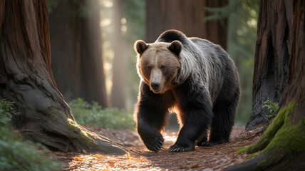Fototapeta premium A Majestic Grizzly Bear Strolling Through a Sun-Drenched Forest Glade