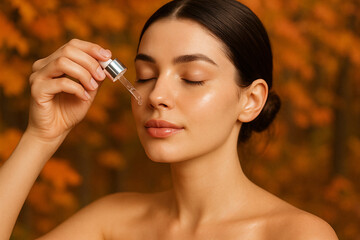 Closed eyes beauty portrait of a brunette woman with smooth skin applies facial serum using dropper against autumn leaves background. Seasonal skincare treatments