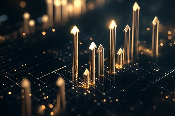 Futuristic abstract image featuring a dynamic arrangement of glowing arrow shaped elements against a dark background suggesting technological progress and innovation