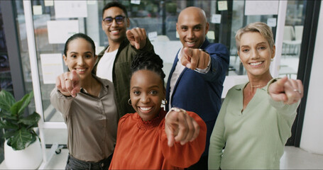 Portrait, business people or pointing to you in workplace to select option for onboarding or decision. Happy, accountability and staff in office for recruitment, hiring or group invitation to join us