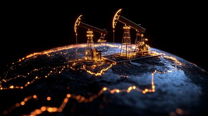 Illuminated oil and gas extraction hinery and pipelines sprawling across a nighttime cityscape or industrial landscape