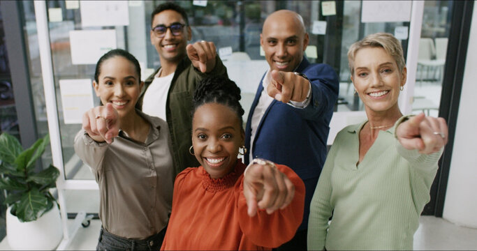 Portrait, business people or pointing to you in workplace to select option for onboarding or decision. Happy, accountability and staff in office for recruitment, hiring or group invitation to join us