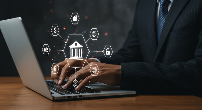 A businessman types on a laptop with a bank icon and digital network symbols floating above, representing online banking and financial technology.