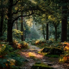 Naklejka premium Sunlit forest path, dappled sunlight filtering through trees