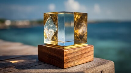 Elegant Golden Trophy on a Wooden Platform by the Seaside