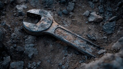 Rusty wrench in dirt