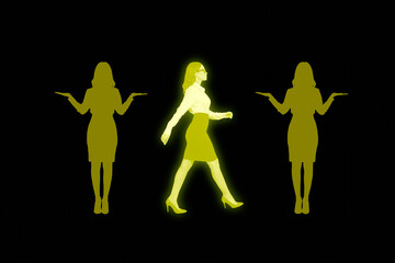 Full 3d image art pop poster banner collage of serious business girls stand graph development personality silhouette candidate
