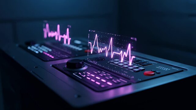 Futuristic audio visualizer display on a control panel.